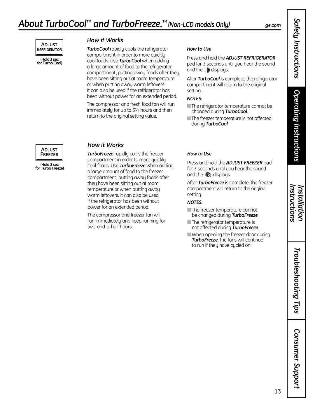 GE PFSS6SMXSS About TurboCool and TurboFreeze. Non-LCD models Only, Instructions, Troubleshooting Tips Consumer Support 