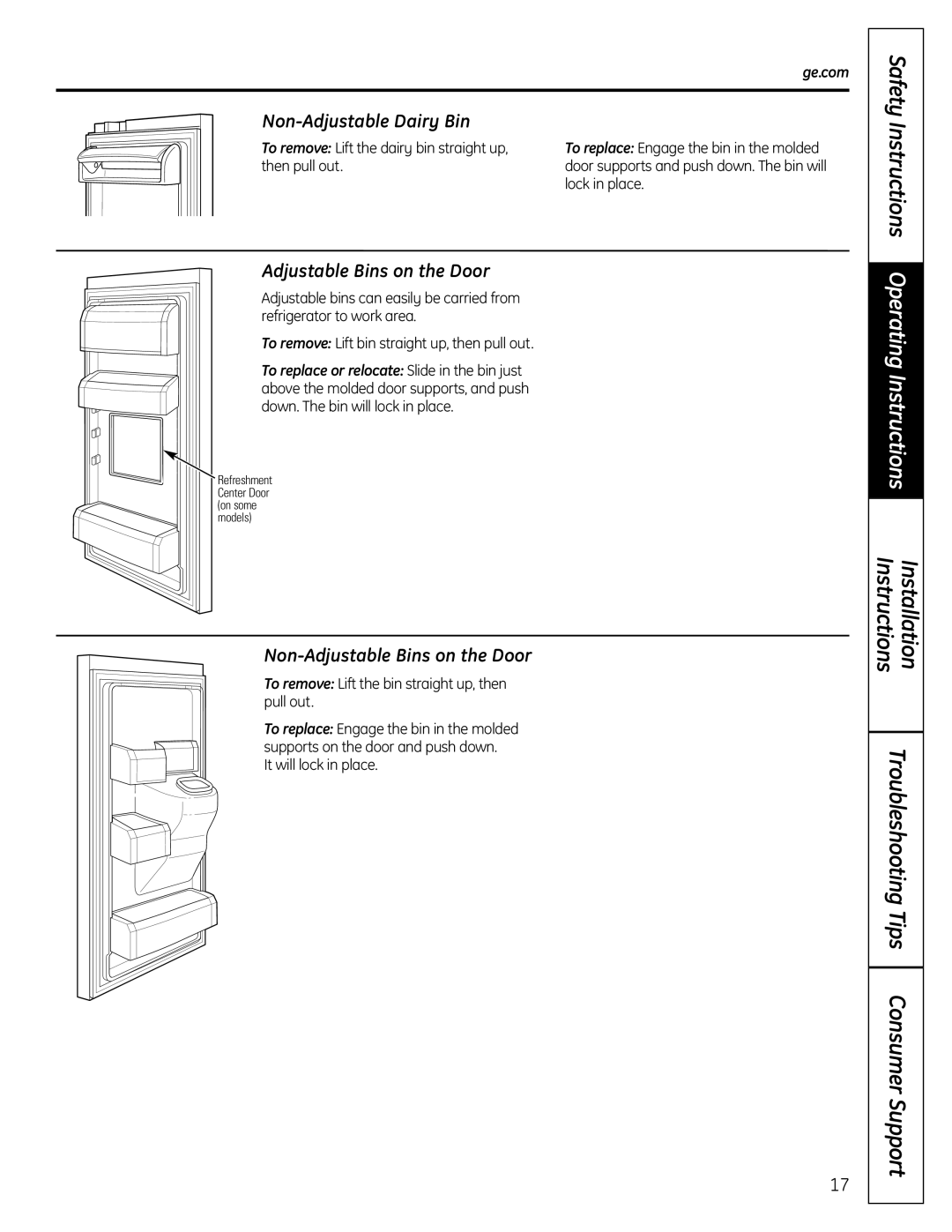 GE PFSS6SMXSS Safety Instructions Operating Instructions, Non-Adjustable Dairy Bin, Adjustable Bins on the Door 