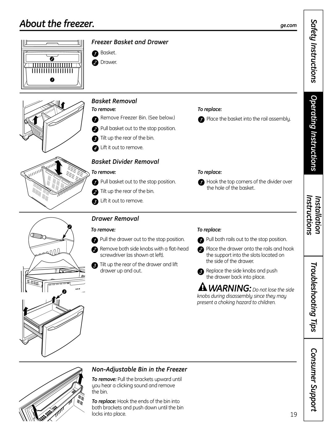 GE PFSS6SMXSS About the freezer, Freezer Basket and Drawer, Basket Removal, Basket Divider Removal, Drawer Removal 