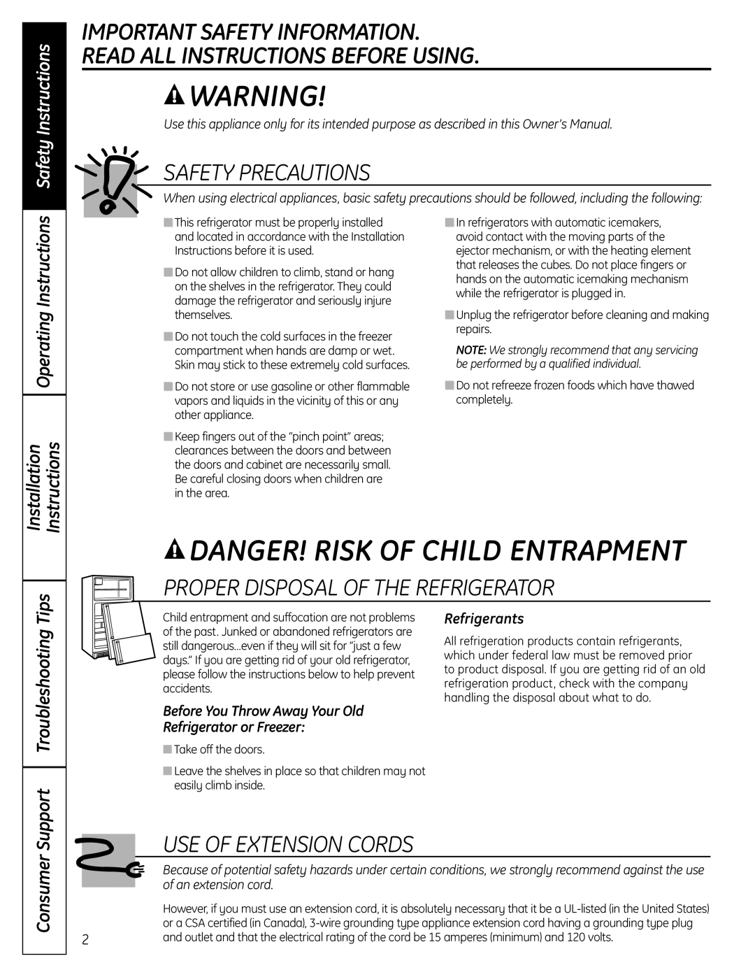 GE PFSS6SMXSS Danger! Risk Of Child Entrapment, Important Safety Information Read All Instructions Before Using 