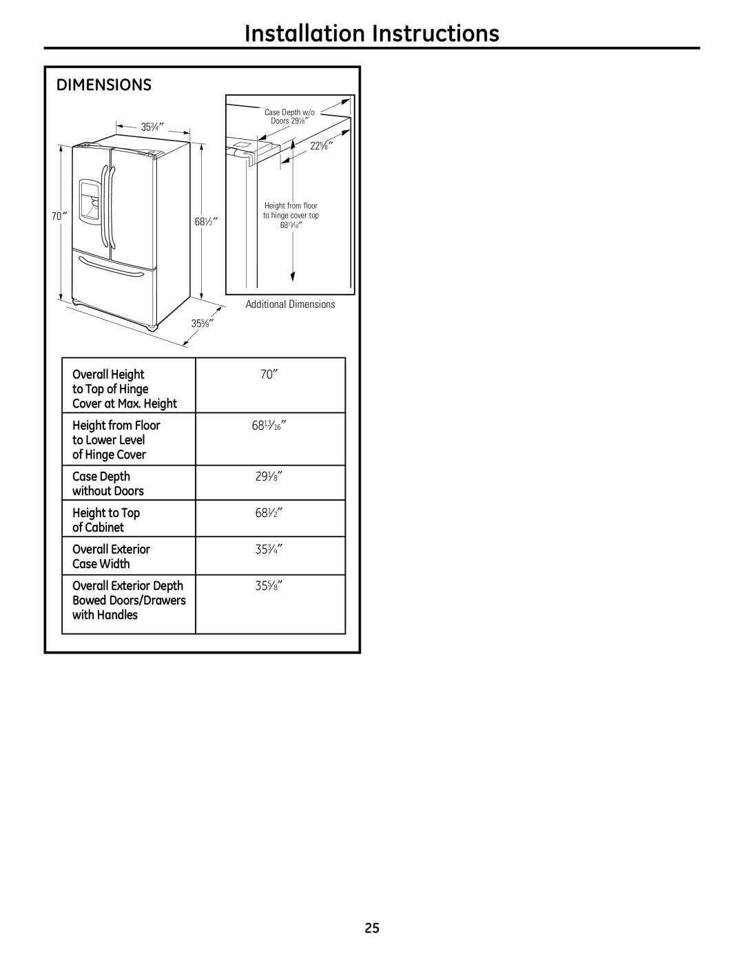 GE PFSS6SMXSS Installation Instructions, Dimensions, Overall Height, to Top of Hinge, Height from Floor, 6813⁄, Case Depth 