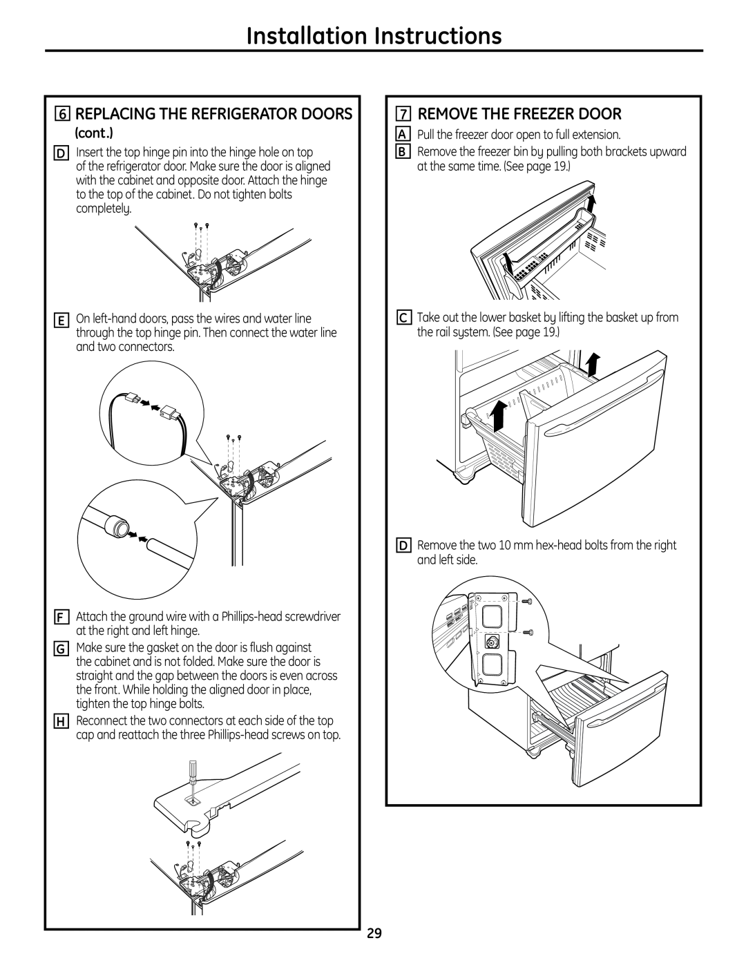 GE PFSS6SMXSS operating instructions Remove The Freezer Door, Replacing The Refrigerator Doors, cont, D E F G H, A B C D 