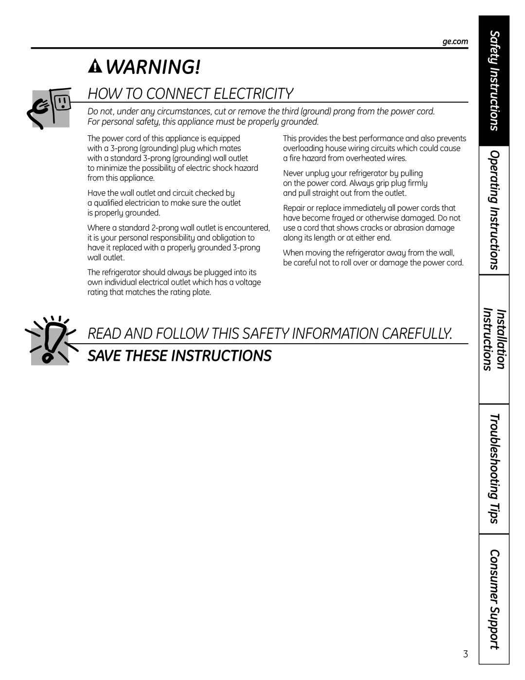 GE PFSS6SMXSS How To Connect Electricity, Save These Instructions, Operating Instructions, Safety Instructions 