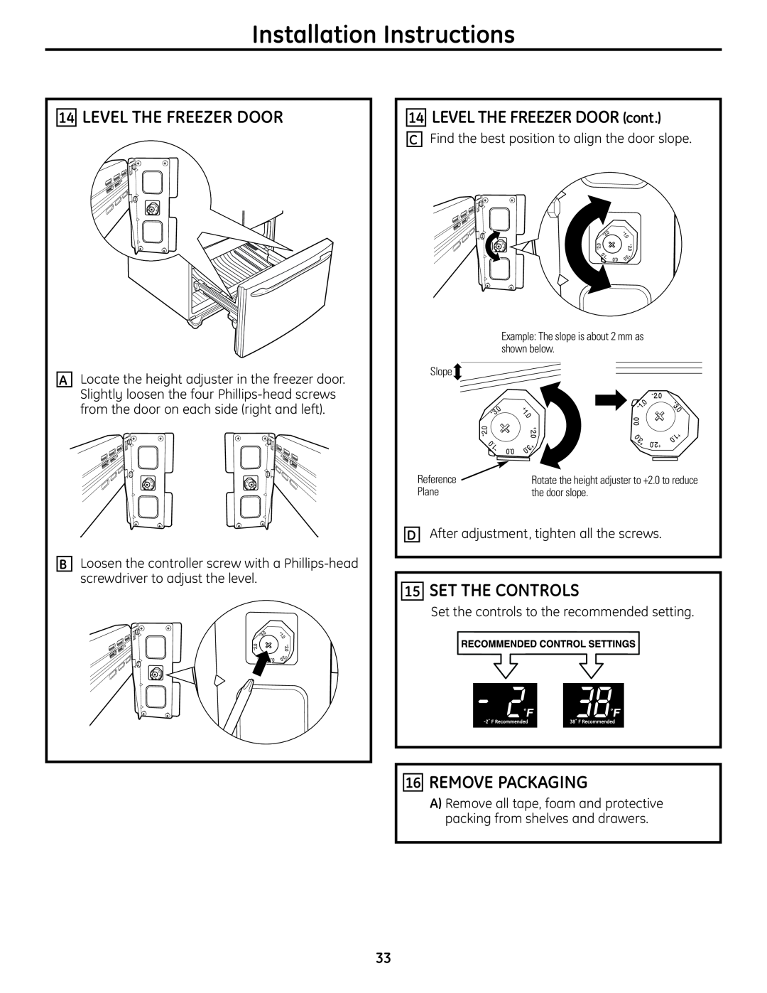 GE PFSS6SMXSS Level The Freezer Door, LEVEL THE FREEZER DOOR cont, Set The Controls, Remove Packaging 