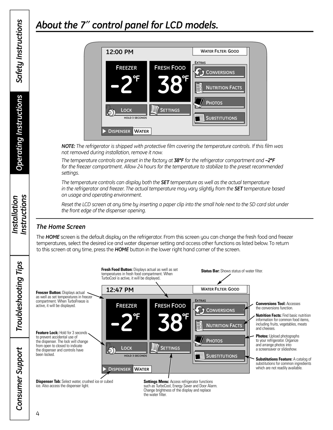 GE PFSS6SMXSS About the 7″ control panel for LCD models, Operating Instructions Safety Instructions, Consumer, 1247 PM 