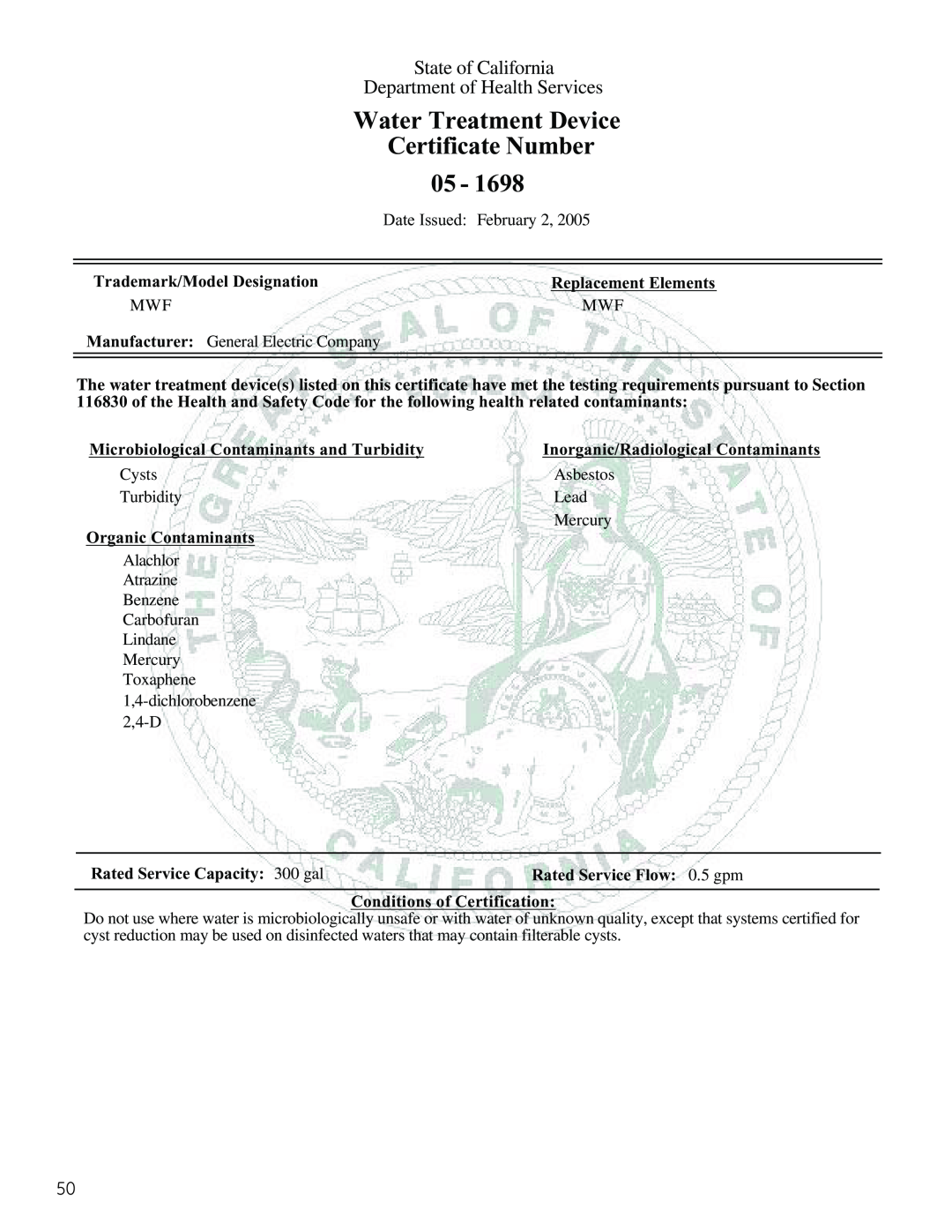 GE PFSS6SMXSS Certificate Number, Water Treatment Device, State of California, Department of Health Services 