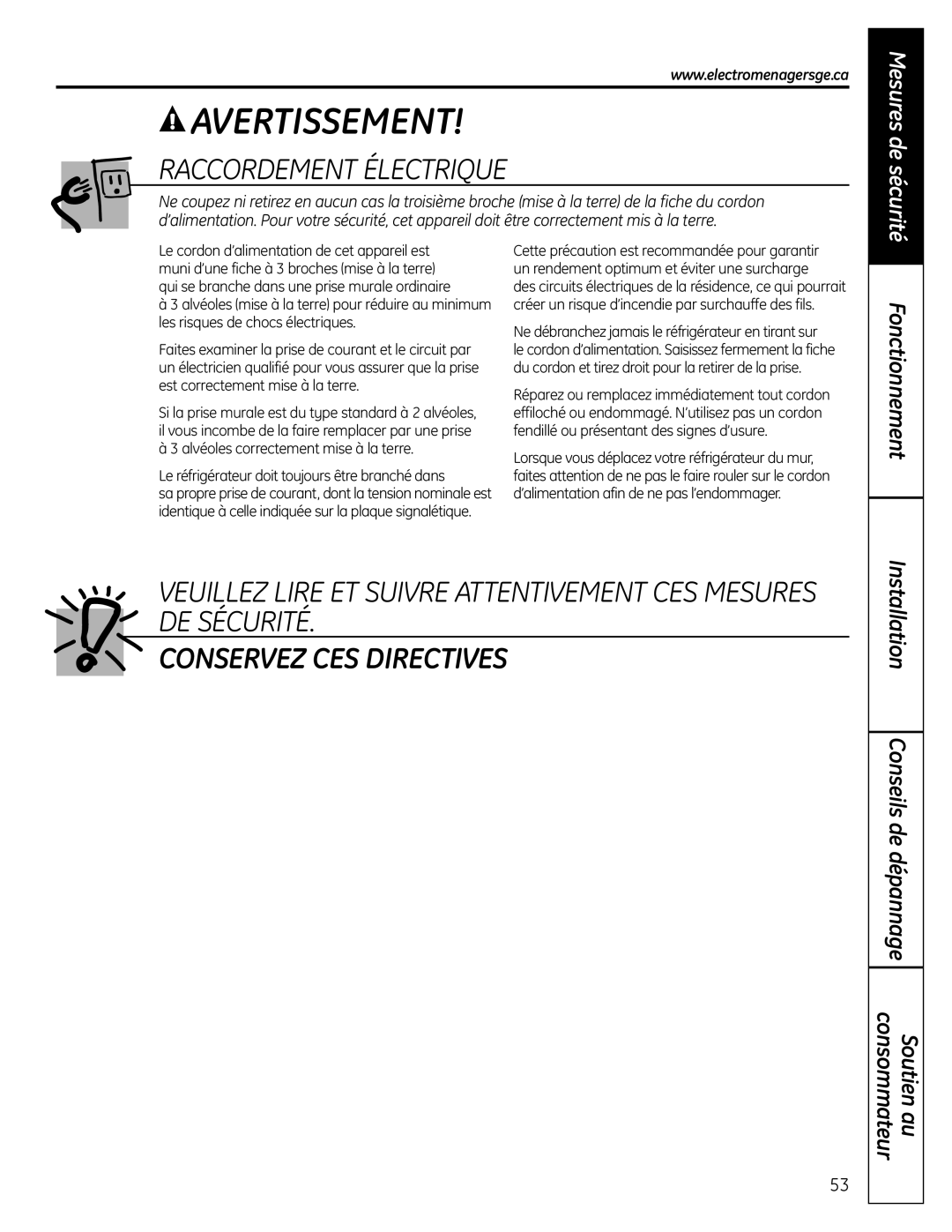 GE PFSS6SMXSS Raccordement Électrique, Veuillez Lire Et Suivre Attentivement Ces Mesures De Sécurité, Fonctionnement 