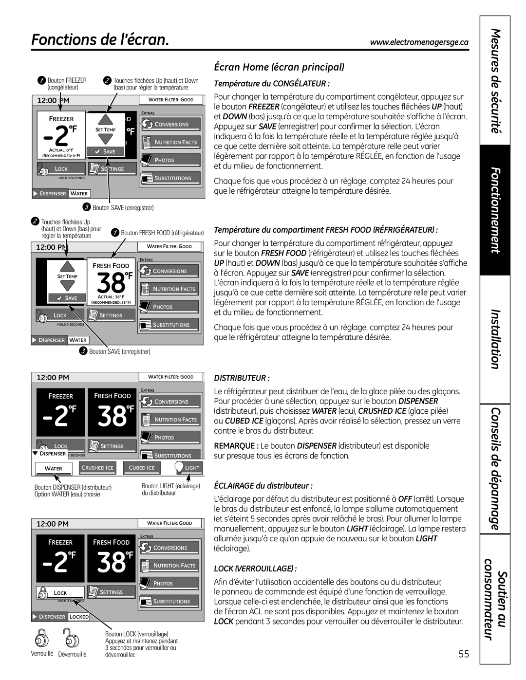 GE PFSS6SMXSS Fonctions de l’écran, Mesures, Écran Home écran principal, A 2 F, 38 S, 1200 PM, congélateur, Freezer 