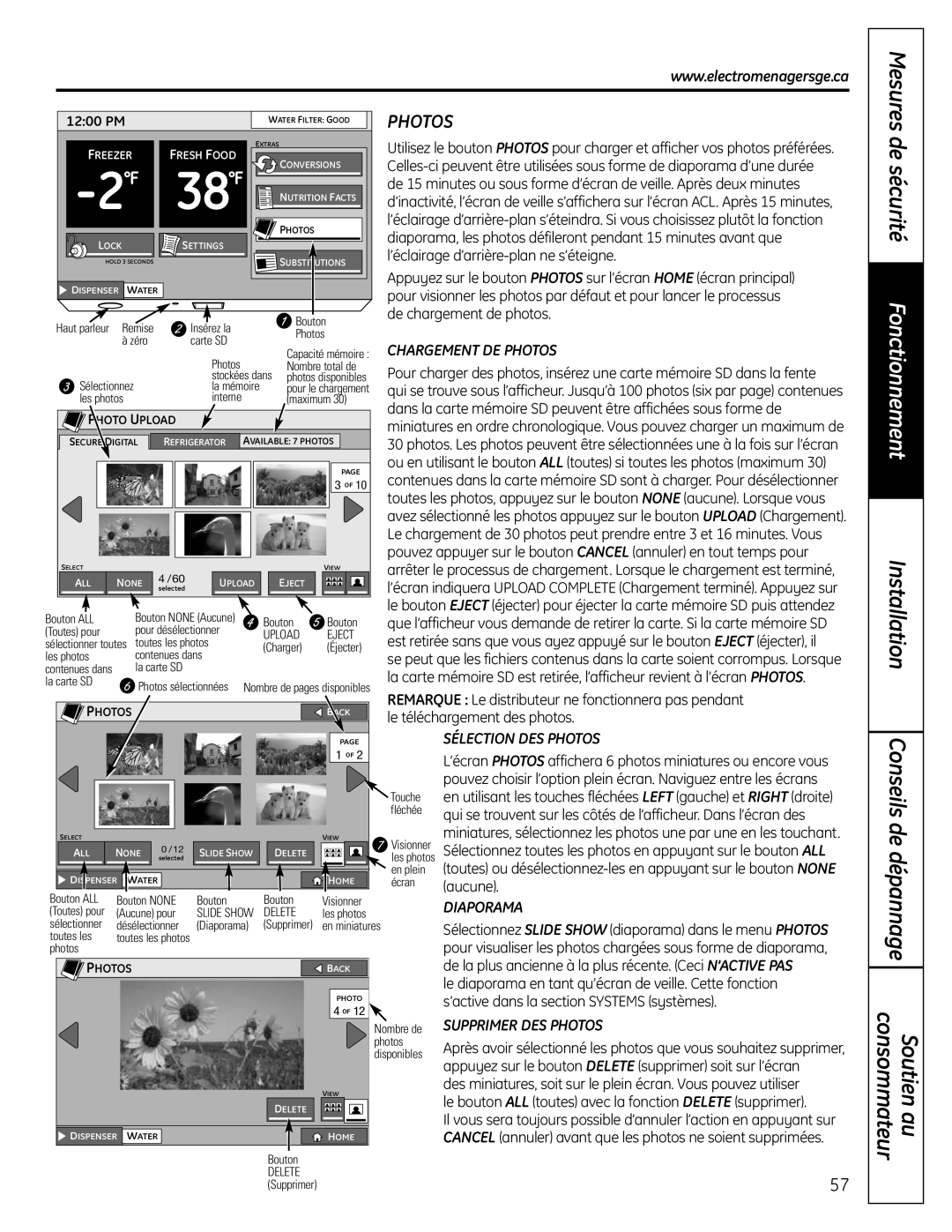 GE PFSS6SMXSS Mesures de sécurité Fonctionnement Installation Conseils de dépannage, Soutien au consommateur, Photos 