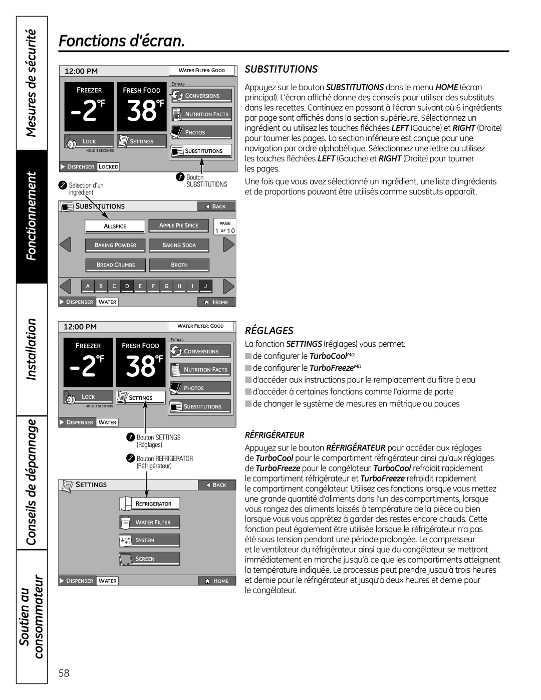 GE PFSS6SMXSS Fonctions d’écran, Fonctionnement Mesures de, Conseils de dépannage consommateur, Réglages, sécurité 