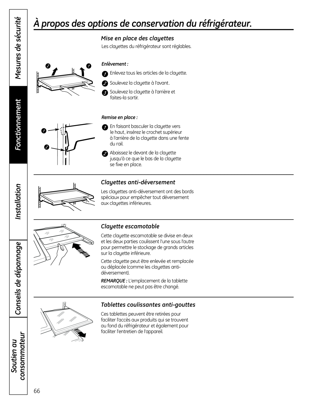 GE PFSS6SMXSS À propos des options de conservation du réfrigérateur, Fonctionnement Mesures de sécurité Installation 