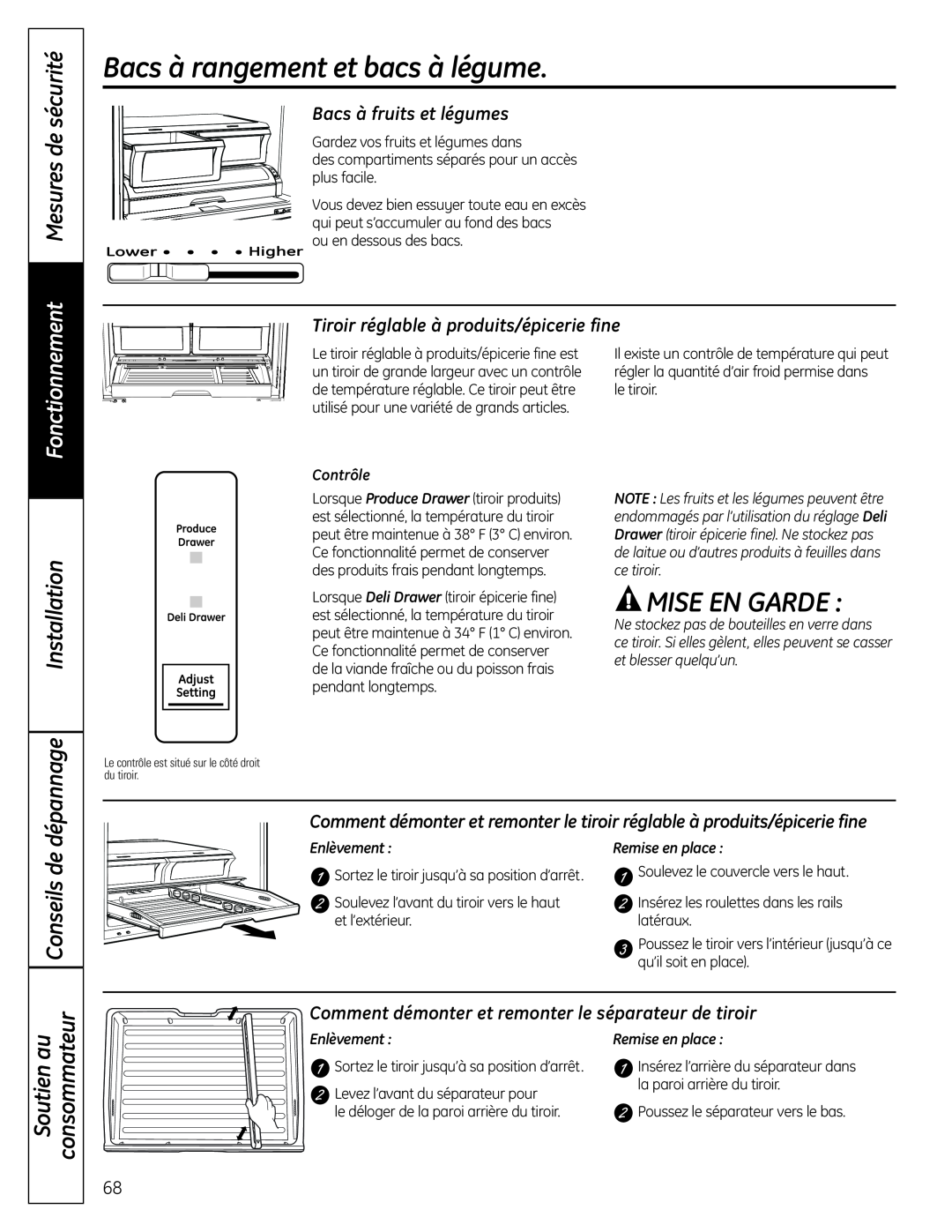 GE PFSS6SMXSS Bacs à rangement et bacs à légume, Fonctionnement Mesures de sécurité, dépannage, Conseils de, Mise En Garde 