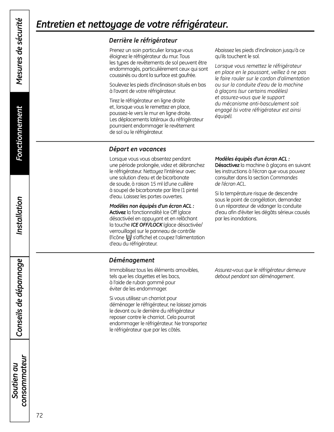 GE PFSS6SMXSS Fonctionnement Mesures de, Derrière le réfrigérateur, Départ en vacances, Déménagement, sécurité, Soutien au 