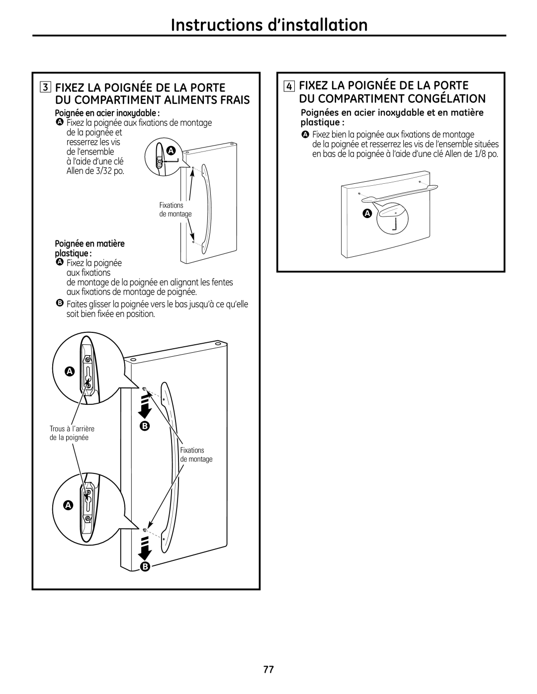 GE PFSS6SMXSS Fixez La Poignée De La Porte, Du Compartiment Aliments Frais, Instructions d’installation 