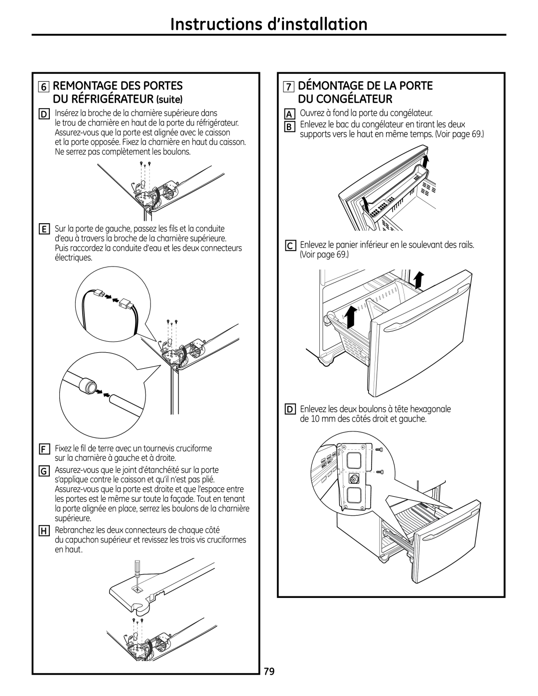 GE PFSS6SMXSS REMONTAGE DES PORTES DU RÉFRIGÉRATEUR suite, 7 DÉMONTAGE DE LA PORTE DU CONGÉLATEUR, D E F G H 