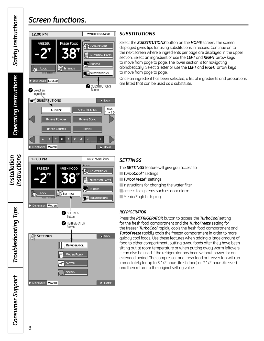 GE PFSS6SMXSS Operating Instructions Safety, Troubleshooting Tips, Substitutions, Settings, Screen functions, Installation 