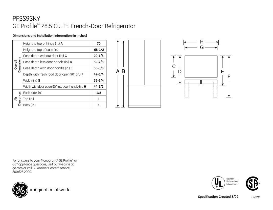 GE PFSS9SKY dimensions GE Profile 28.5 Cu. Ft. French-Door Refrigerator 