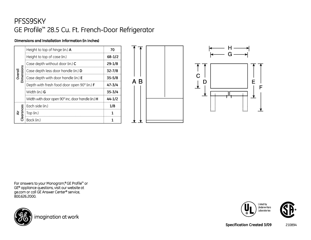 GE PFSS9SKY dimensions GE Profile 28.5 Cu. Ft. French-DoorRefrigerator, H G E F 