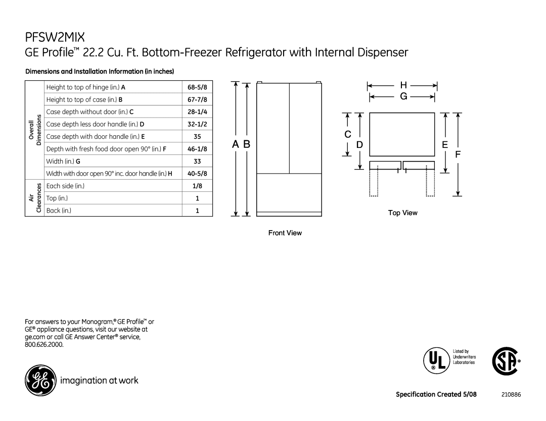 GE PFSW2MIX dimensions H G C D, Front View, Top View 