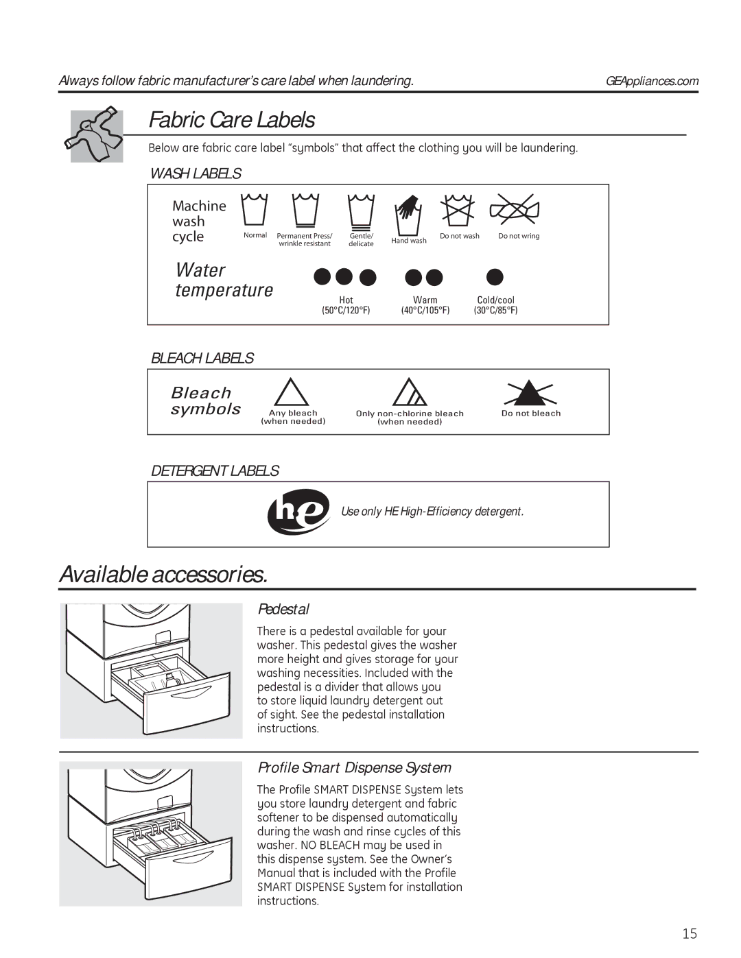 GE PFWS4605, PFWH4405, PFWH4400 Fabric Care Labels, Available accessories, Wash Labels, Bleach Labels, Detergent Labels 