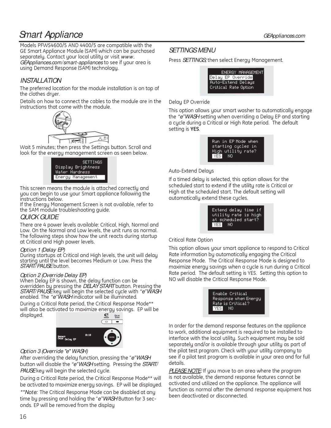 GE PFWH4405, PFWH4400, PFWS4600, PFWS4605 installation instructions Settings Menu, Installation, Quick Guide 