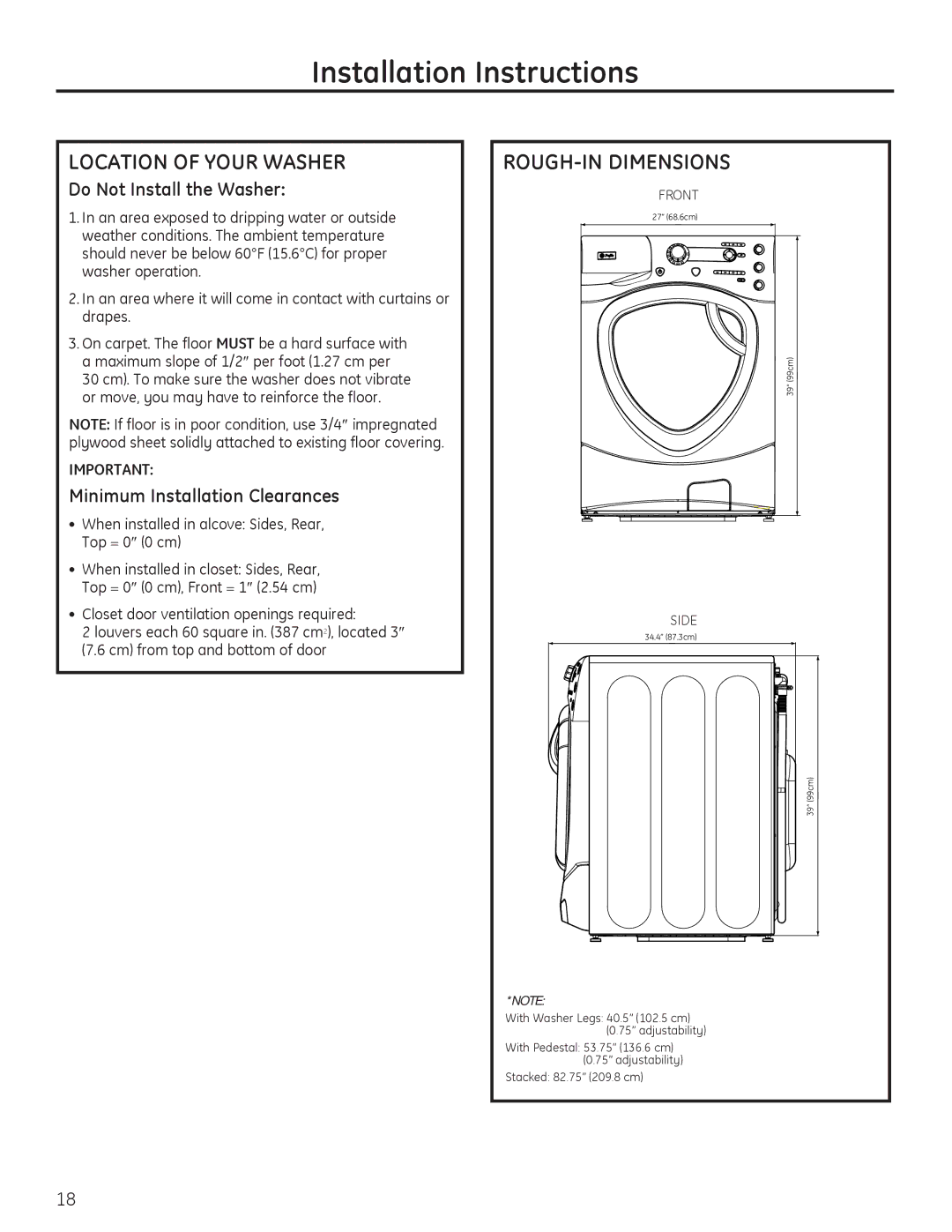 GE PFWS4600, PFWH4405 Location of Your Washer, ROUGH-IN Dimensions, ‡ When installed in alcove Sides, Rear, Top = 0σ 0 cm 