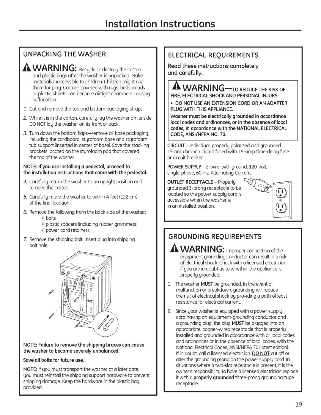 GE PFWS4605, PFWH4405 Unpacking the Washer, Electrical Requirements, Grounding Requirements, Save all bolts for future use 