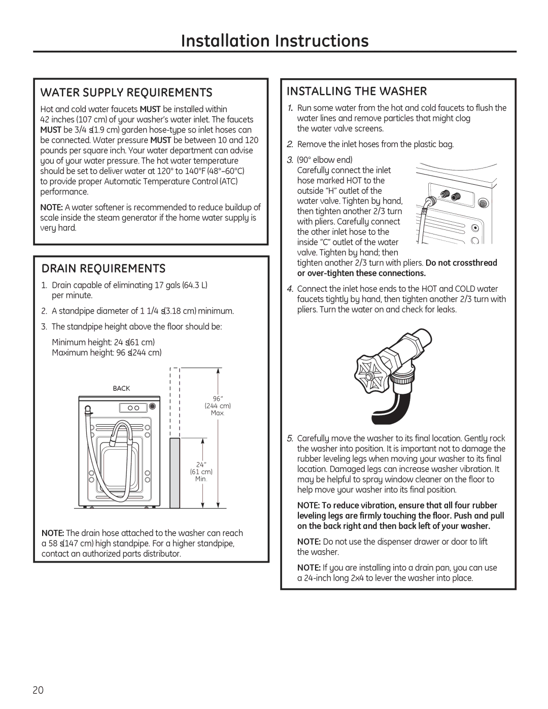 GE PFWH4405, PFWH4400, PFWS4600, PFWS4605 Water Supply Requirements, Drain Requirements, Installing the Washer 