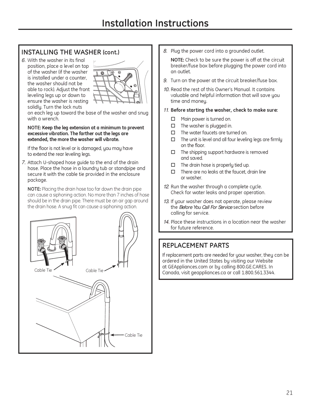 GE PFWH4400, PFWH4405, PFWS4600, PFWS4605 Replacement Parts, Before starting the washer, check to make sure 