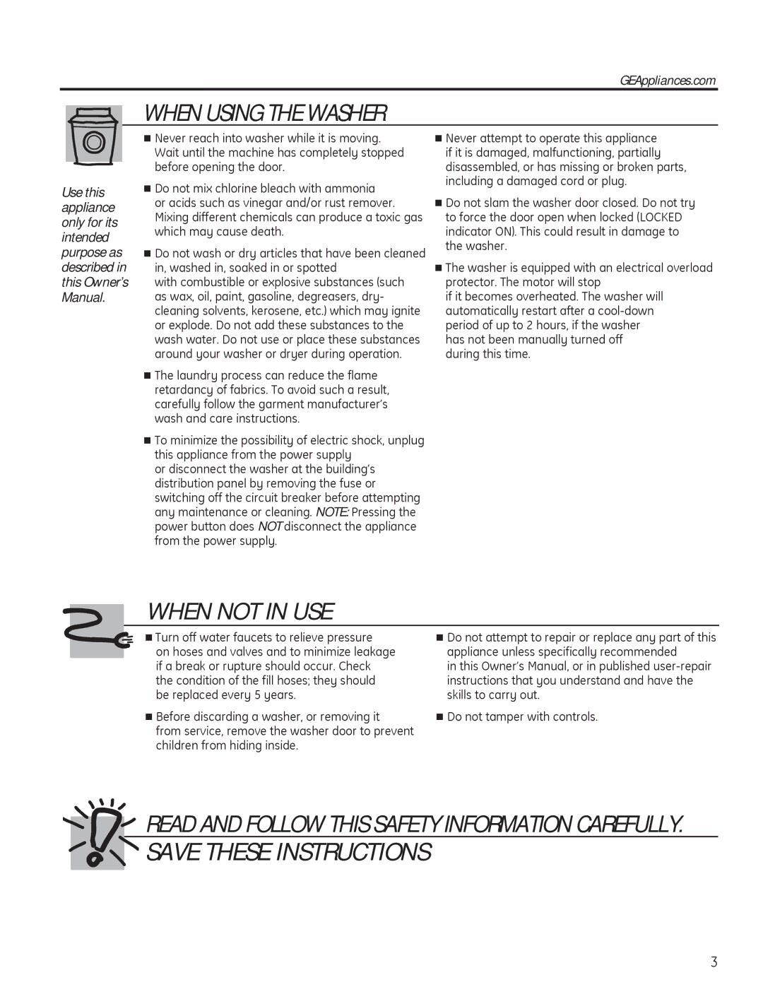 GE PFWS4605, PFWH4405, PFWH4400, PFWS4600 installation instructions When Using the Washer, GEAppliances.com 