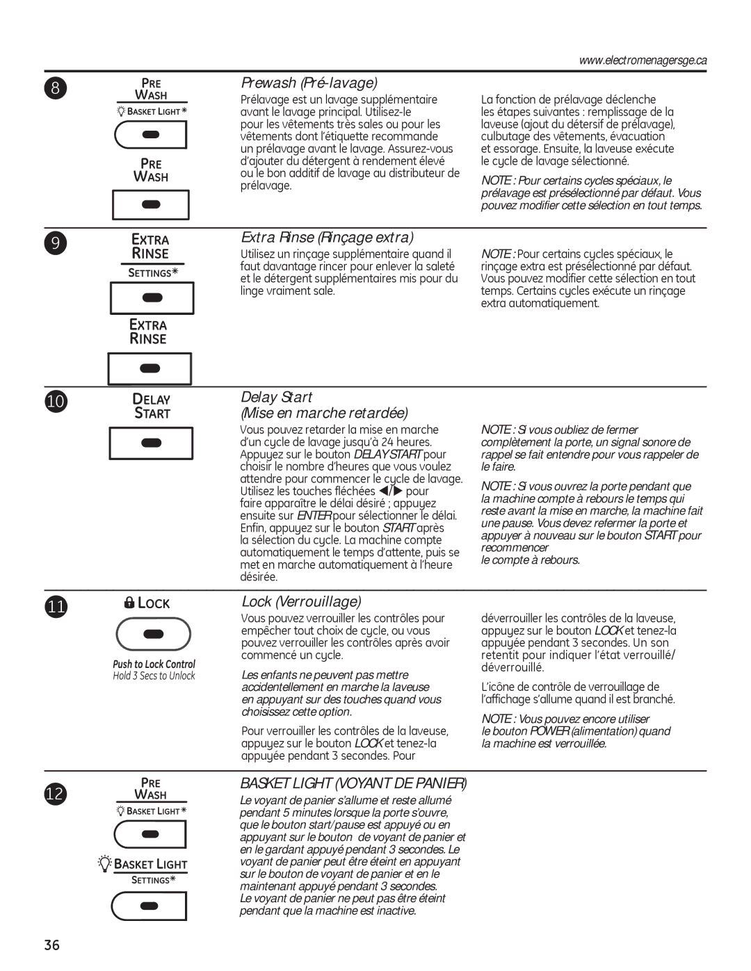 GE PFWH4405 Prewash Pré-lavage, Extra Rinse Rinçage extra, Delay Start Mise en marche retardée, Lock Verrouillage 