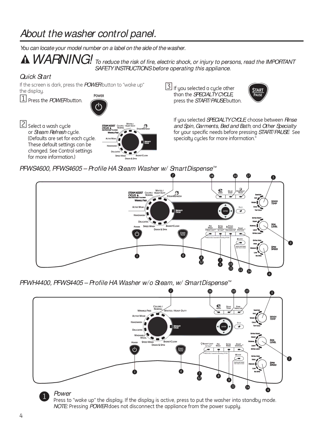 GE PFWH4405, PFWH4400, PFWS4600, PFWS4605 installation instructions About the washer control panel, Quick Start 