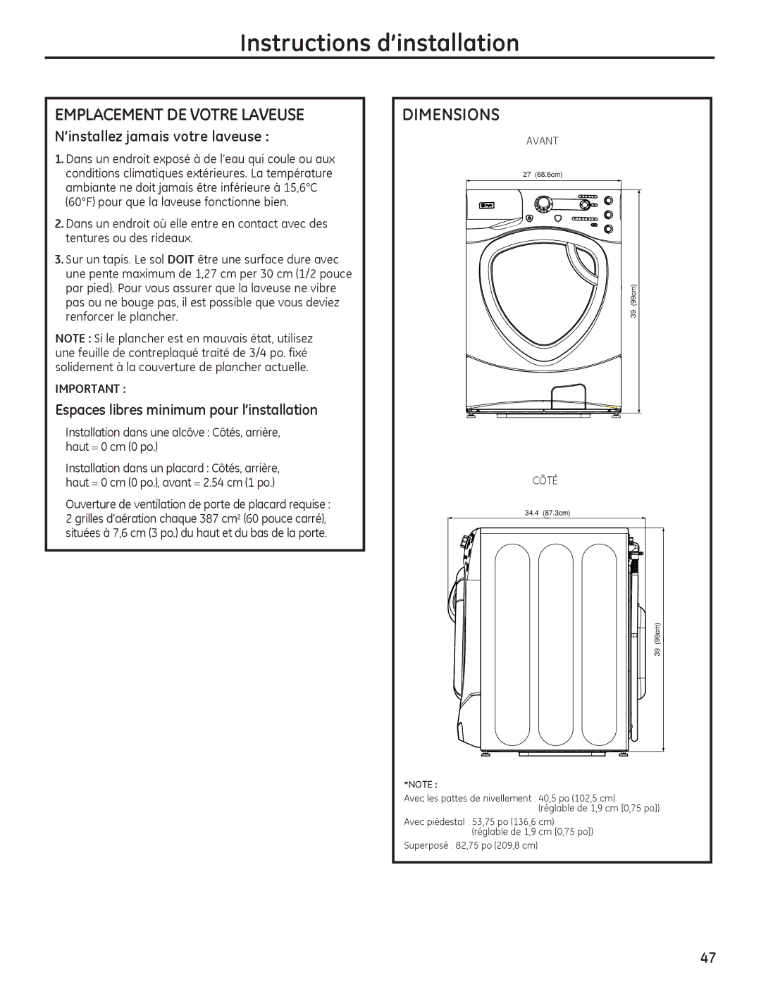 GE PFWS4605, PFWH4405, PFWH4400, PFWS4600 installation instructions Emplacement DE Votre Laveuse, Dimensions 