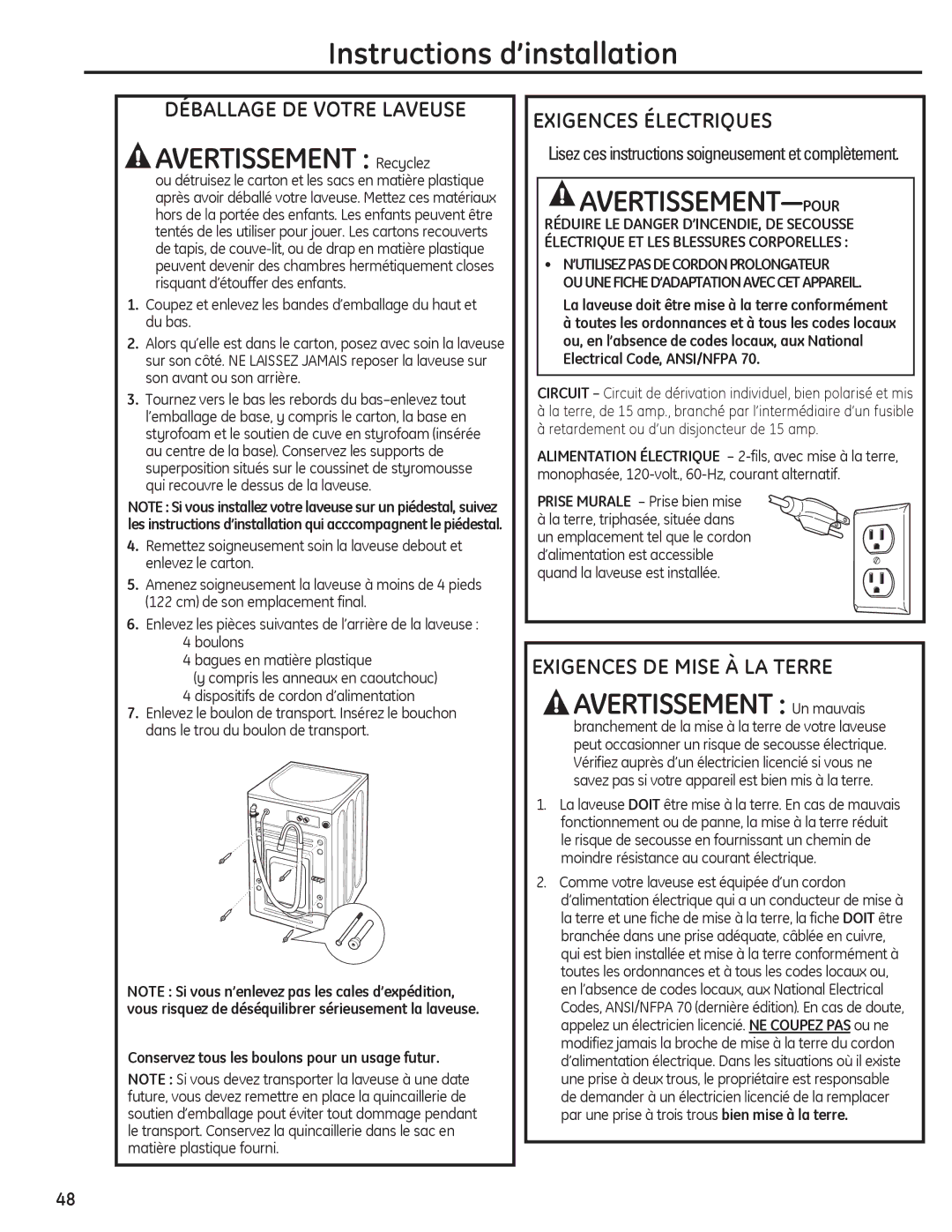 GE PFWH4405, PFWH4400 Exigences Électriques, Exigences DE Mise À LA Terre, Conservez tous les boulons pour un usage futur 