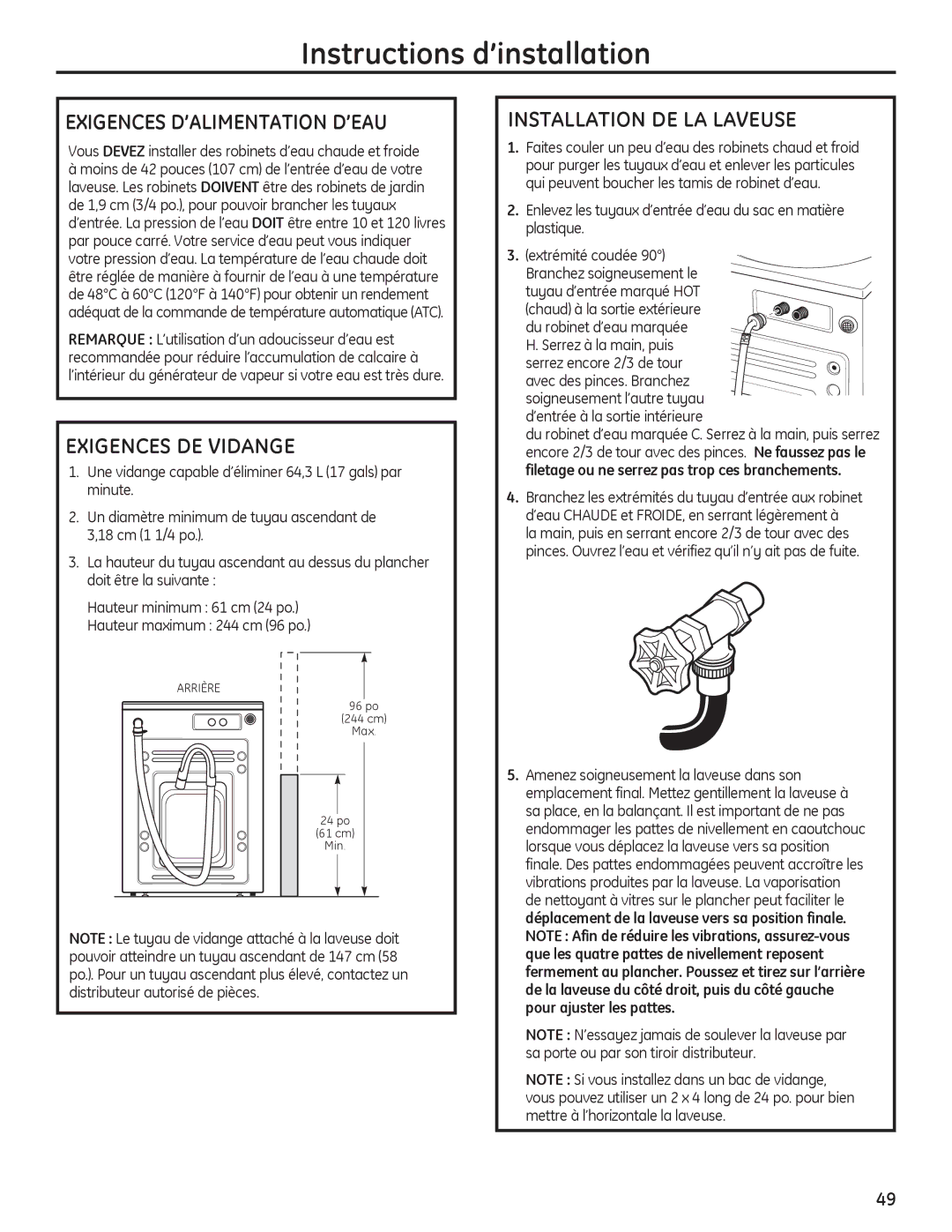 GE PFWH4400, PFWH4405, PFWS4600, PFWS4605 Exigences D’ALIMENTATION D’EAU, Exigences DE Vidange, Installation DE LA Laveuse 