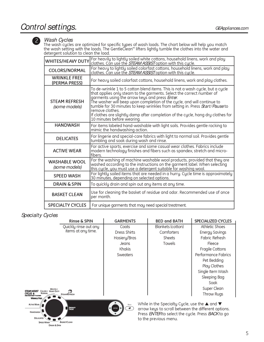 GE PFWH4400, PFWH4405, PFWS4600, PFWS4605 Control settings, Wash Cycles, Specialty Cycles, Rinse & Spin, BED and Bath 