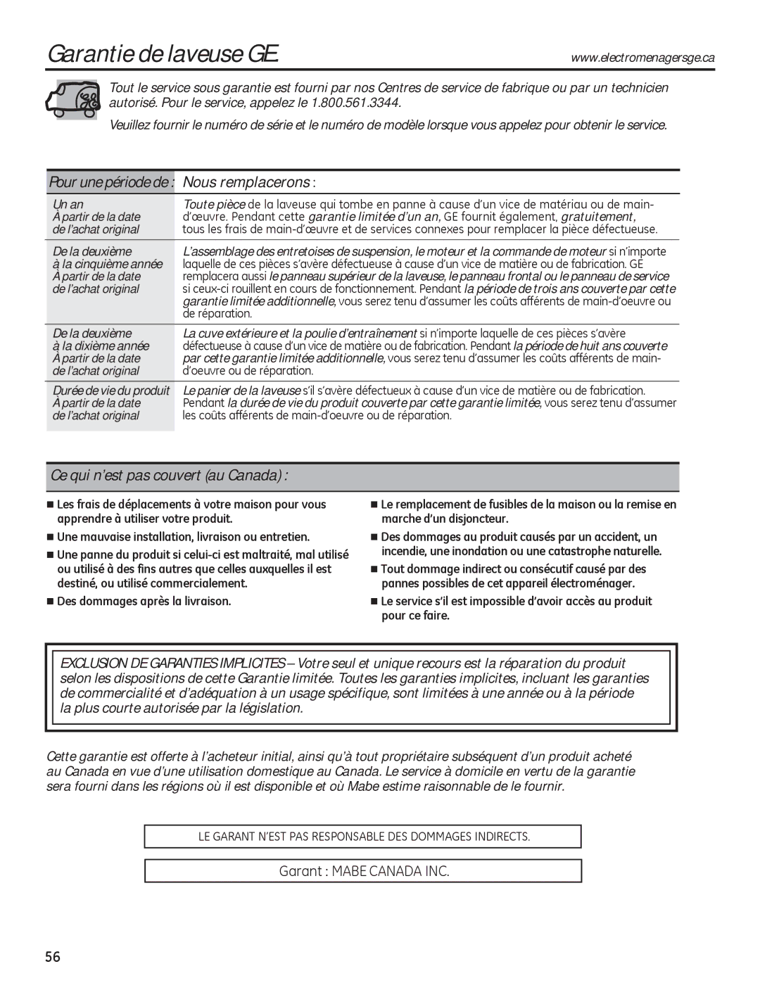 GE PFWH4405, PFWH4400 Garantie de laveuse GE, Pour une période de Nous remplacerons, Ce qui n’est pas couvert au Canada 