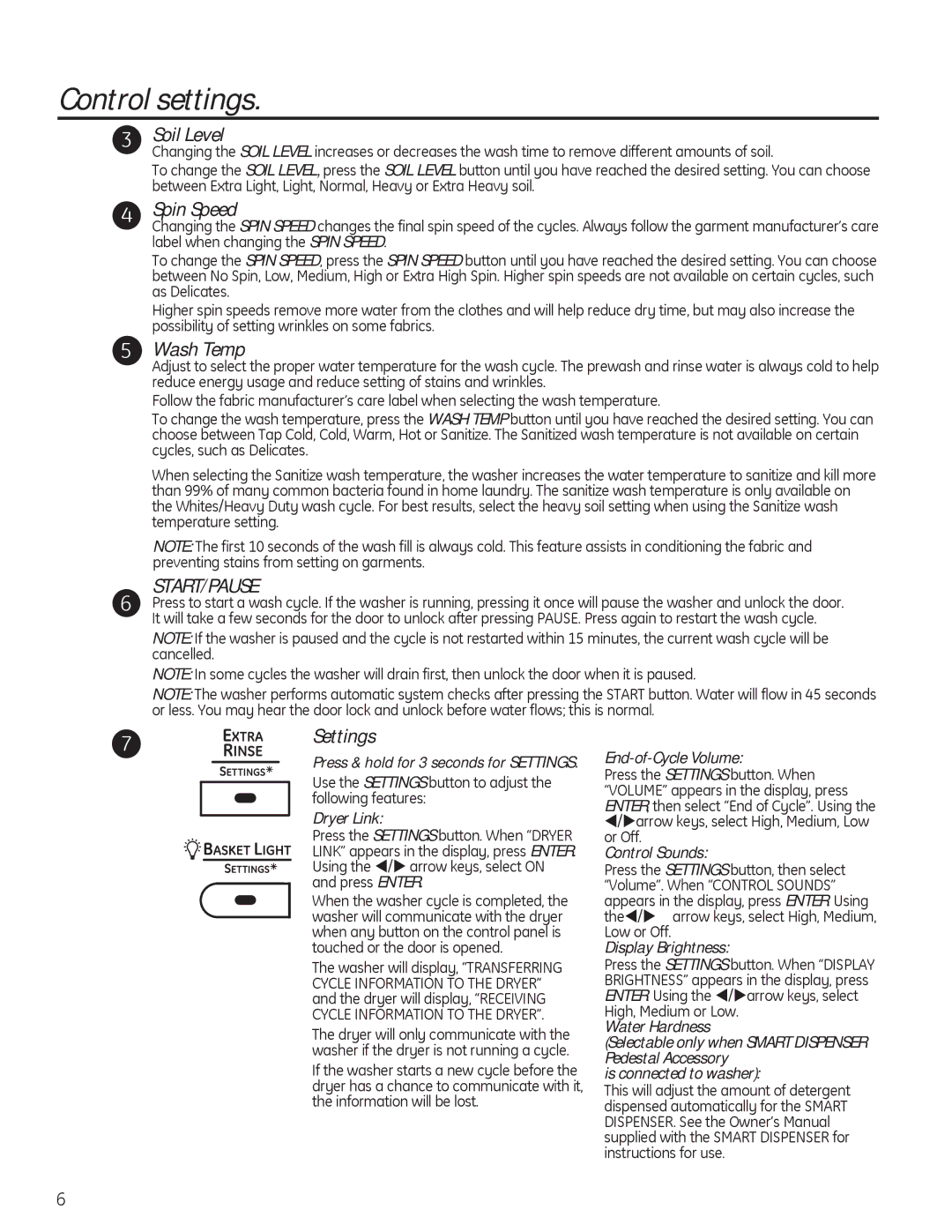 GE PFWS4600, PFWH4405, PFWH4400, PFWS4605 installation instructions Soil Level, Spin Speed, Wash Temp, Start/Pause, Settings 