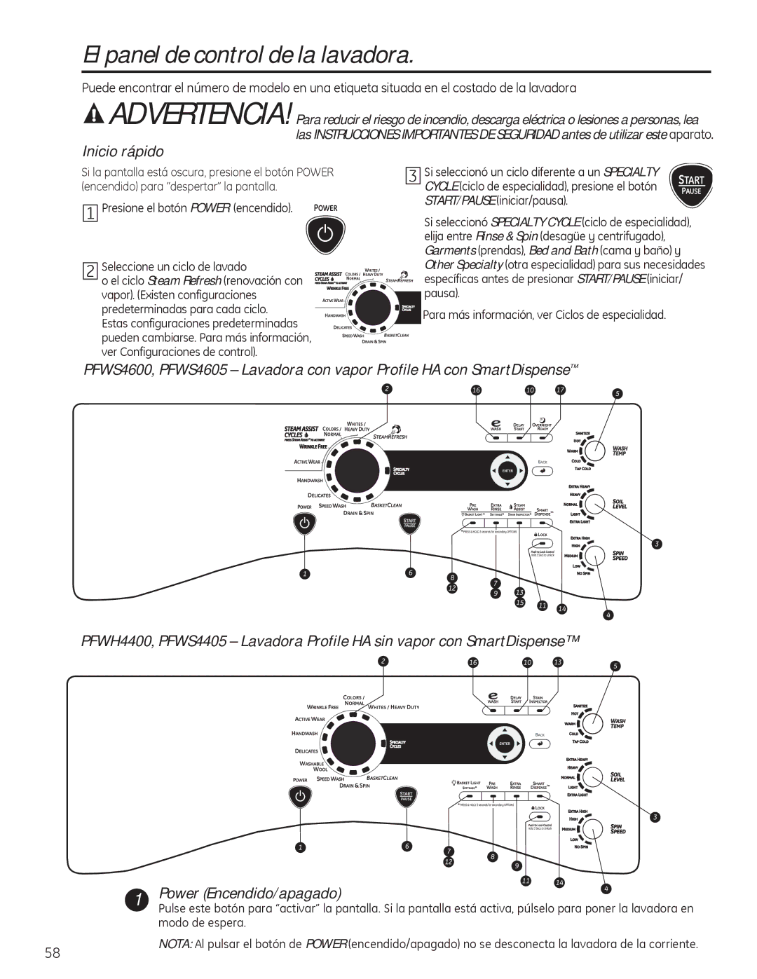 GE PFWH4400, PFWH4405, PFWS4600, PFWS4605 El panel de control de la lavadora, Inicio rápido, Modo de espera 