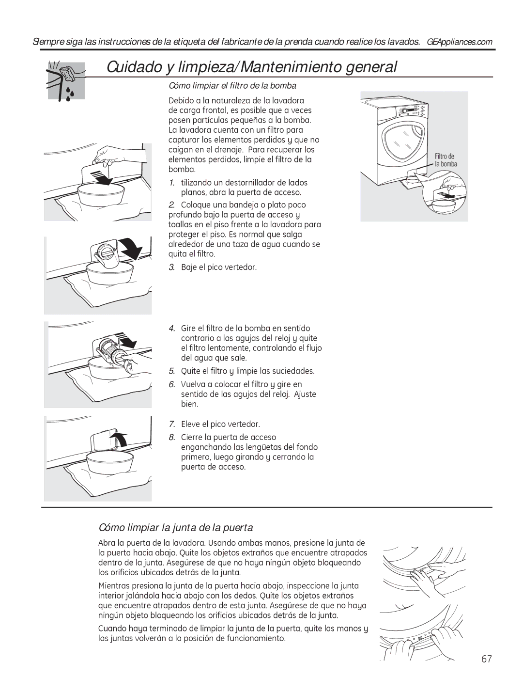 GE PFWS4600, PFWH4405, PFWH4400, PFWS4605 Cuidado y limpieza/Mantenimiento general, Cómo limpiar la junta de la puerta 