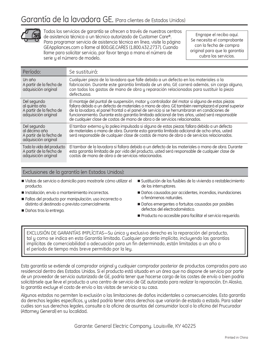 GE PFWS4600, PFWH4405, PFWH4400, PFWS4605 Garantía de la lavadora GE. Para clientes de Estados Unidos, Al quinto año 