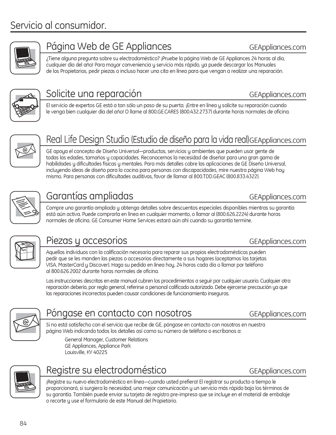 GE PFWS4605, PFWH4405, PFWH4400, PFWS4600 installation instructions Servicio al consumidor Página Web de GE Appliances 