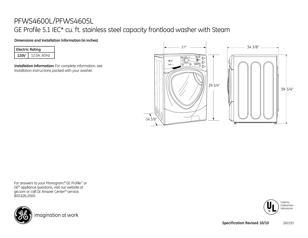 GE SPBD880JMG dimensions Dimensions and Installation Information in inches, Electric Rating, 120V 12.0A, 60Hz, 34 3/8 