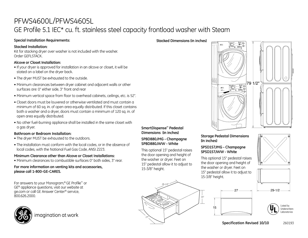 GE PFWS4605LMG, PFWS4600L, SPBD880JMG Special Installation Requirements Stacked Installation, Alcove or Closet Installation 