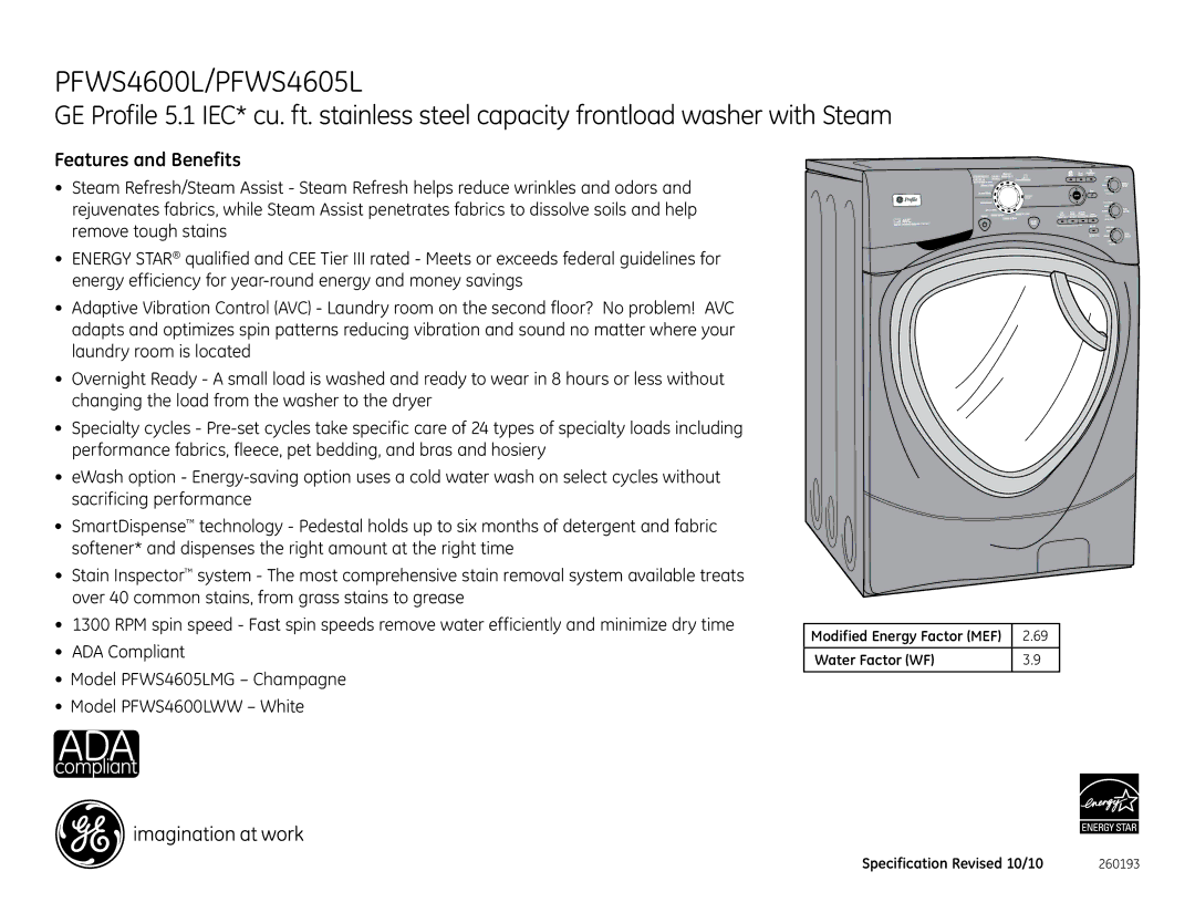 GE SPBD880JMG, PFWS4605LMG, PFWS4600LWW, SPBD880JWW Features and Benefits, Water Factor WF Specification Revised 10/10 