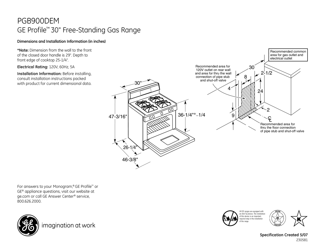 GE PGB900DEMCC, PGB900DEMWW dimensions GE Profile 30 Free-Standing Gas Range, 47-3/16 26-1/4 46-3/8, 36-1/4+1/49 