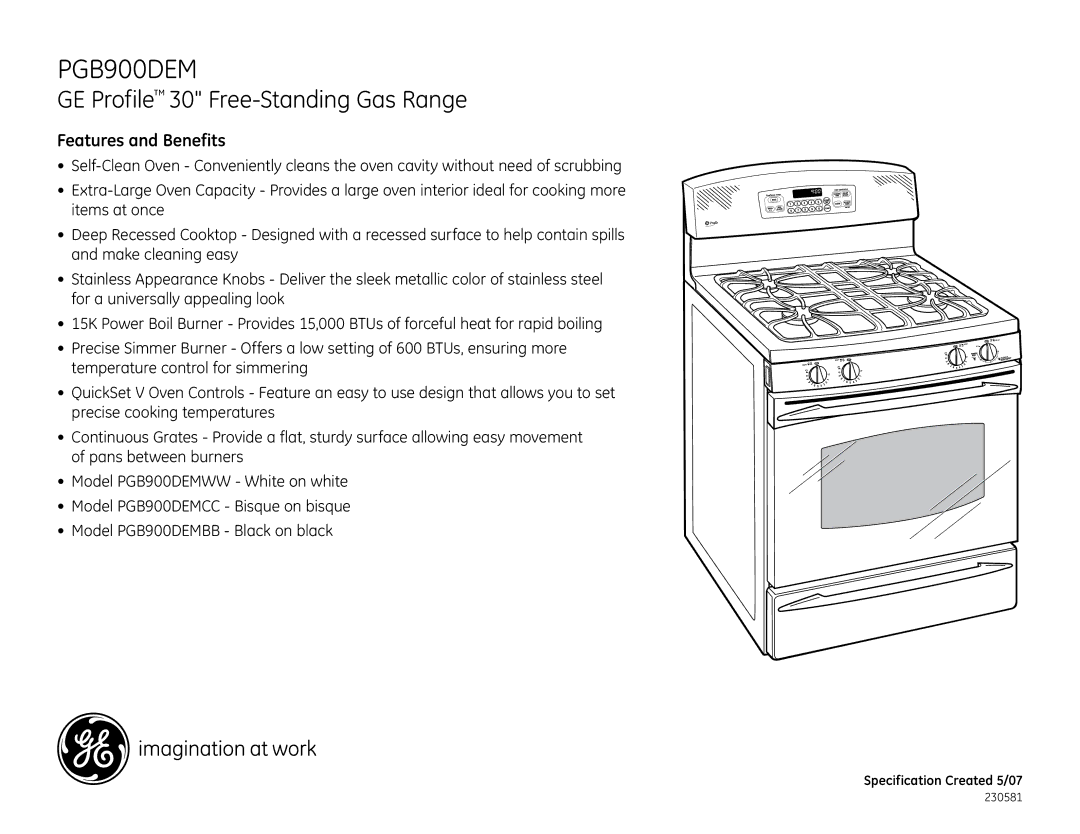 GE PGB900DEMBB, PGB900DEMWW, PGB900DEMCC dimensions Features and Benefits 