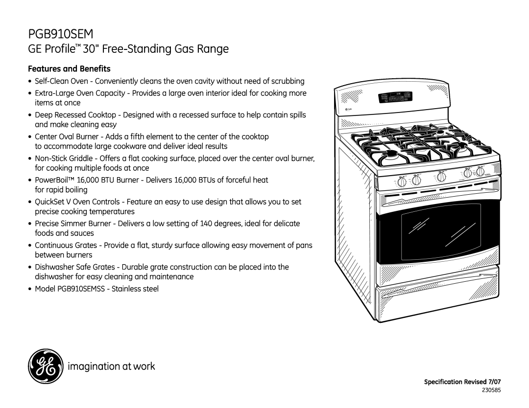 GE PGB910SEM dimensions GE Profile 30 Free-StandingGas Range, Features and Benefits 