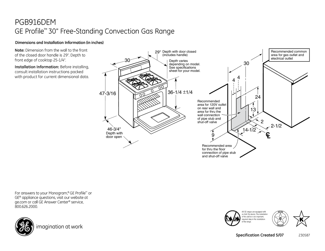 GE PGB916DEM dimensions GE Profile 30 Free-Standing Convection Gas Range, 36-1/4 ±1/4, 14-1/2 