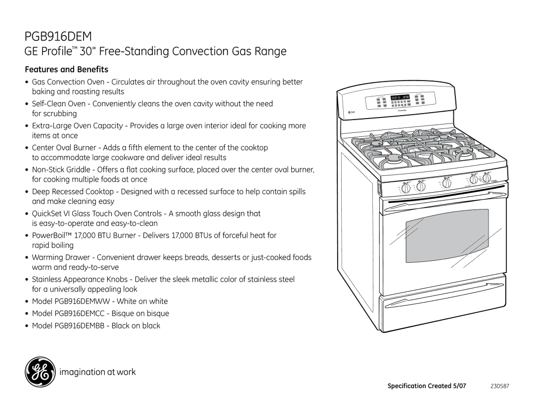 GE PGB916DEM dimensions Features and Benefits 